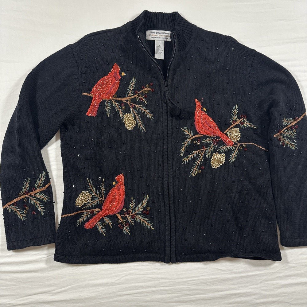 VTG Tiara International Embroidered Beaded Cardinal Birds Full Zip Cardigan L